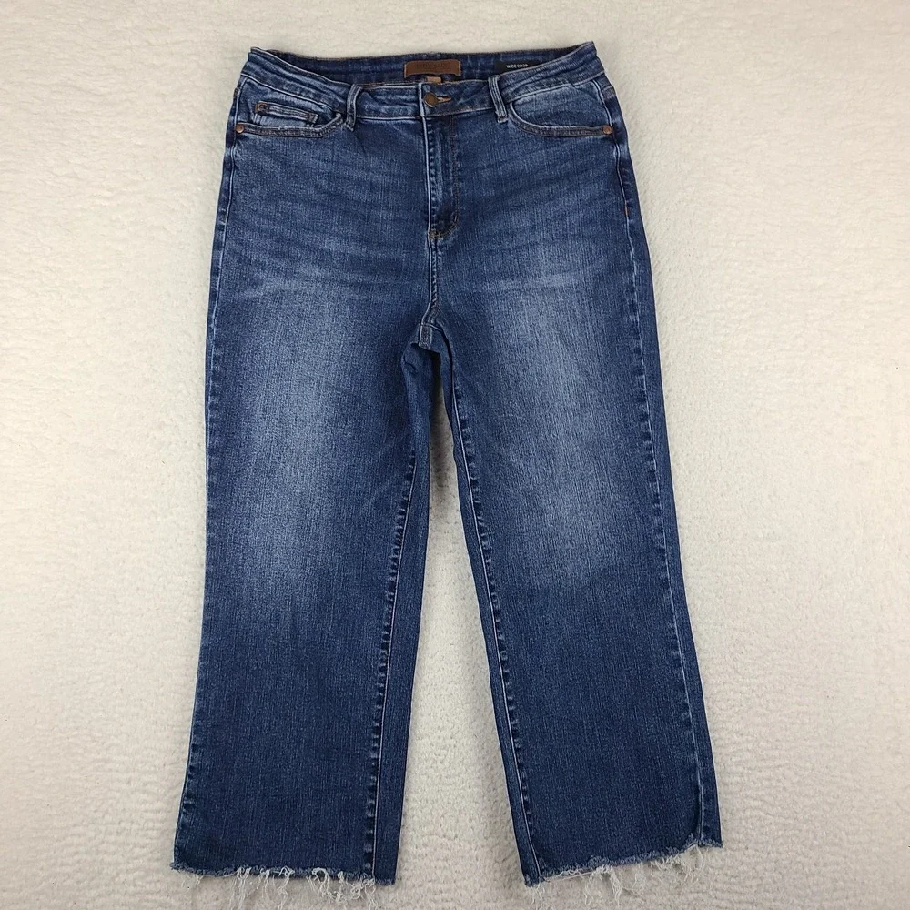 Judy Blue Jeans Womens 13/31 Blue Wide Leg Crop Fray Dark Wash Denim